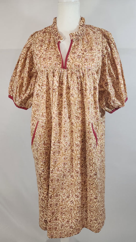 MUSTARD YELLOW/RED PRINTED DRESS WITH CONTRAST TRIM FABRIC DETAILS AND WITH POCKETS