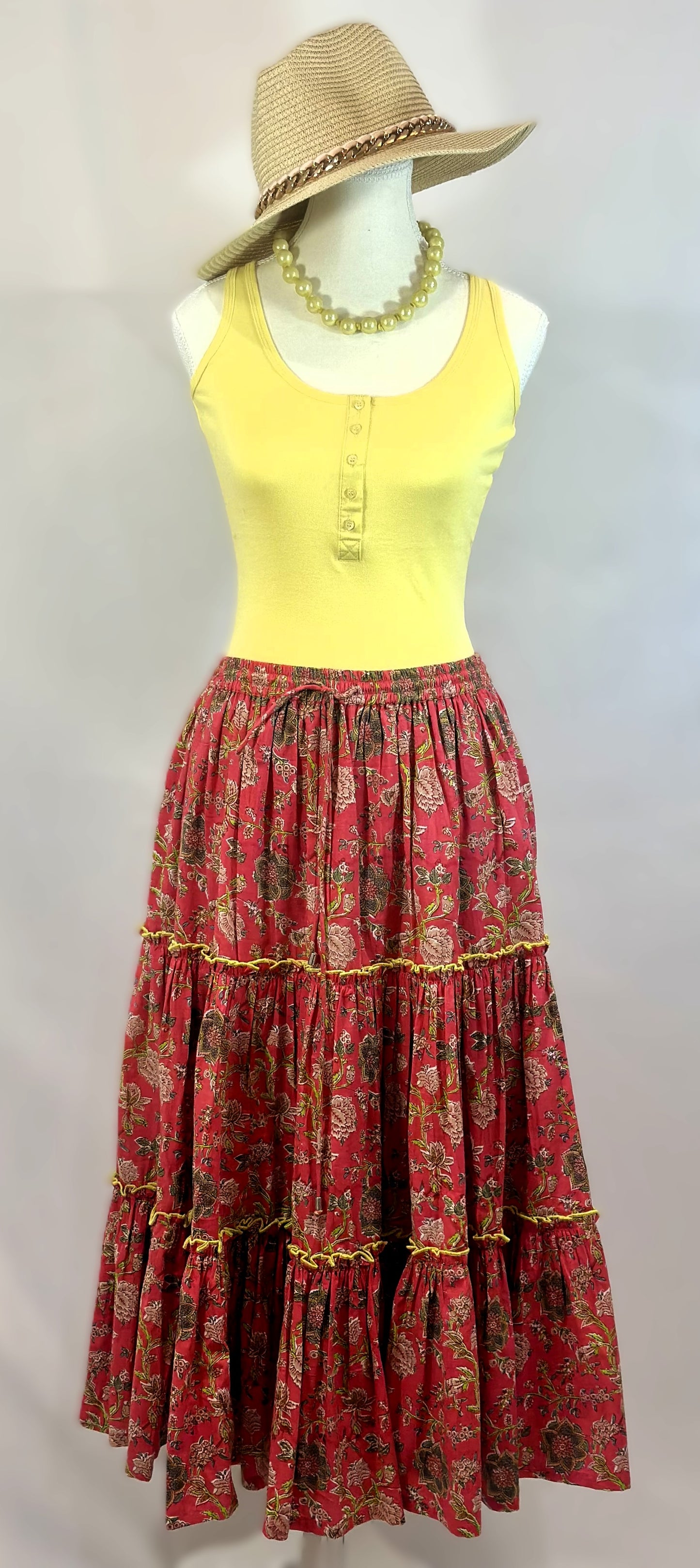 TIERED SKIRT WITH ELASTICATED WAIST BAND WITH DRAWSTRINGS WITH LINING (RED/YELLOW)