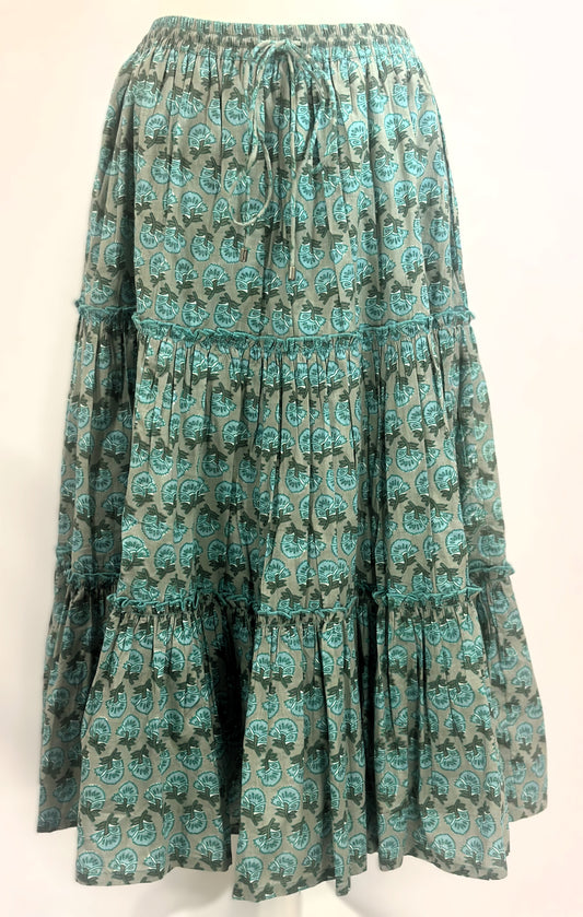 TIERED SKIRT WITH ELASTICATED WAIST BAND WITH DRAWSTRINGS WITH LINING (SEA GREEN)