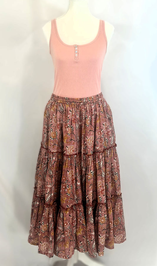 TIERED SKIRT WITH ELASTICATED WAIST BAND WITH DRAWSTRINGS WITH LINING (DUSTY ROSE)