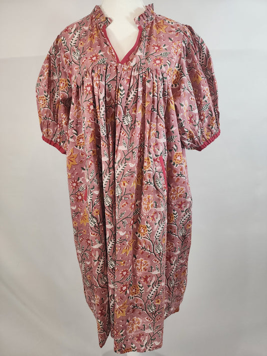 DUSTY ROSE PRINTED DRESS WITH CONTRAST TRIM FABRIC DETAILS WITH POCKETS