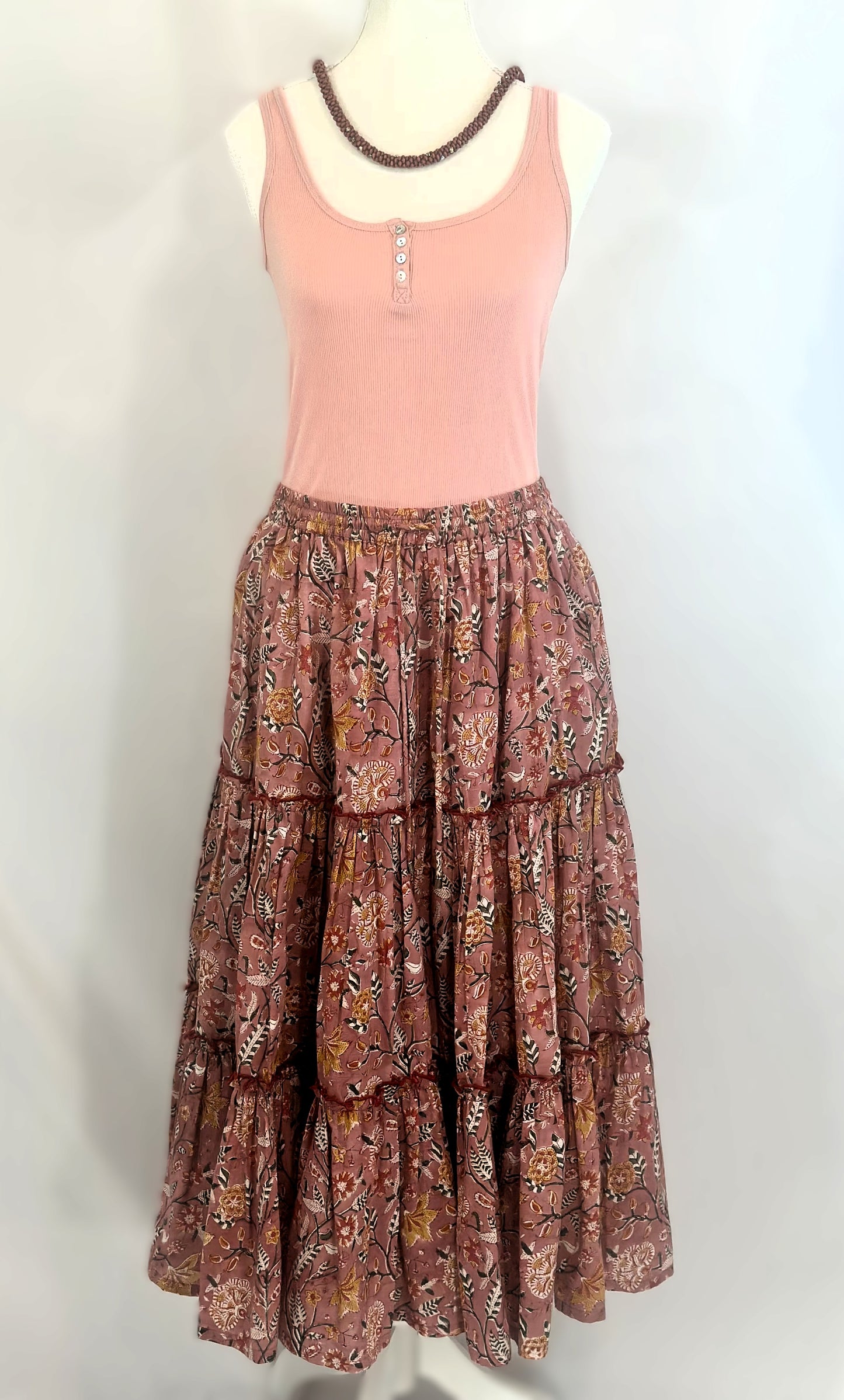 TIERED SKIRT WITH ELASTICATED WAIST BAND WITH DRAWSTRINGS WITH LINING (DUSTY ROSE)
